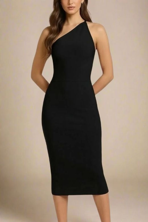 Classic Black One Shoulder Sleeveless Bodycon Midi Dress