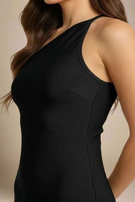 Classic Black One Shoulder Sleeveless Bodycon Midi Dress