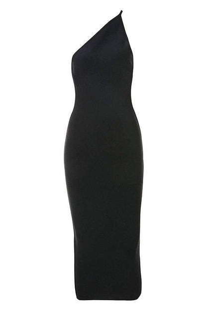 Classic Black One Shoulder Sleeveless Bodycon Midi Dress