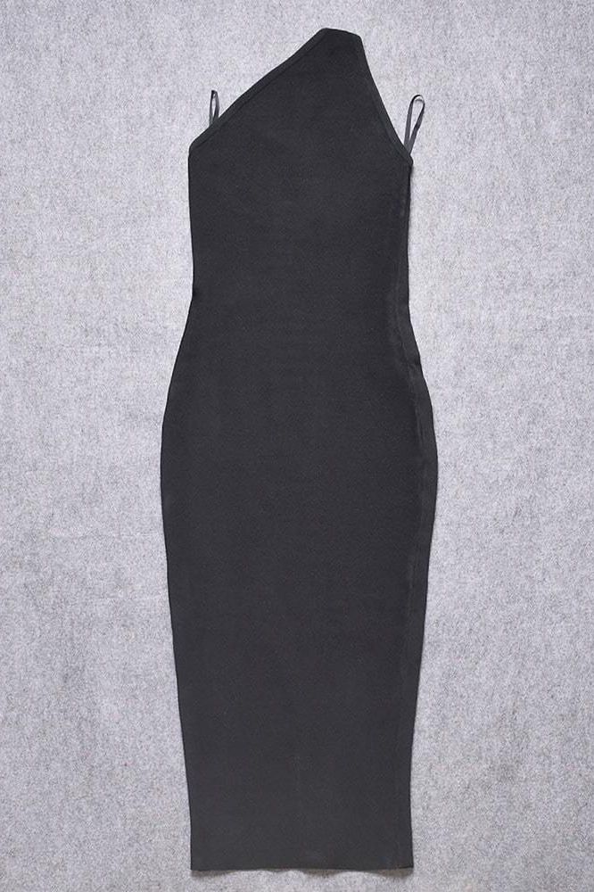 Classic Black One Shoulder Sleeveless Bodycon Midi Dress