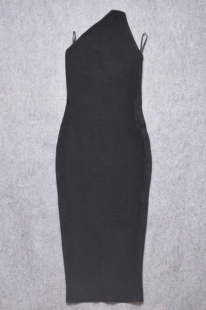 Classic Black One Shoulder Sleeveless Bodycon Midi Dress