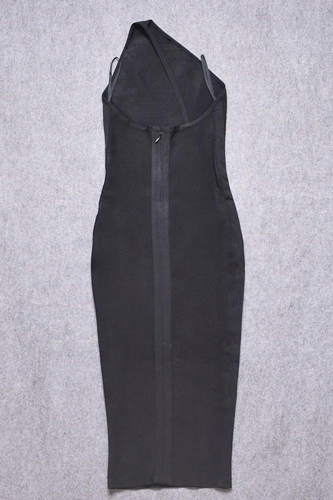 Classic Black One Shoulder Sleeveless Bodycon Midi Dress