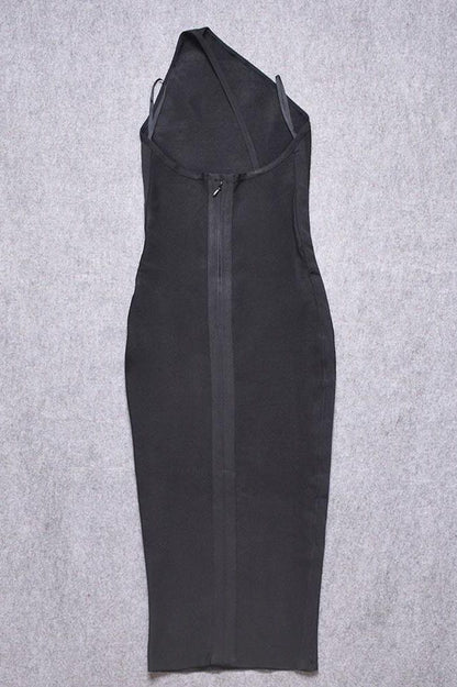 Classic Black One Shoulder Sleeveless Bodycon Midi Dress