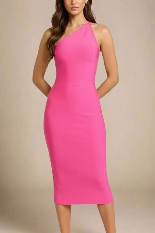 Hot Pink One Shoulder Sleeveless Bodycon Midi Dress
