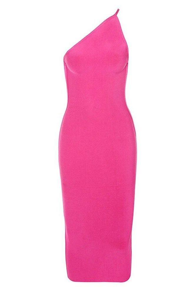 Hot Pink One Shoulder Sleeveless Bodycon Midi Dress