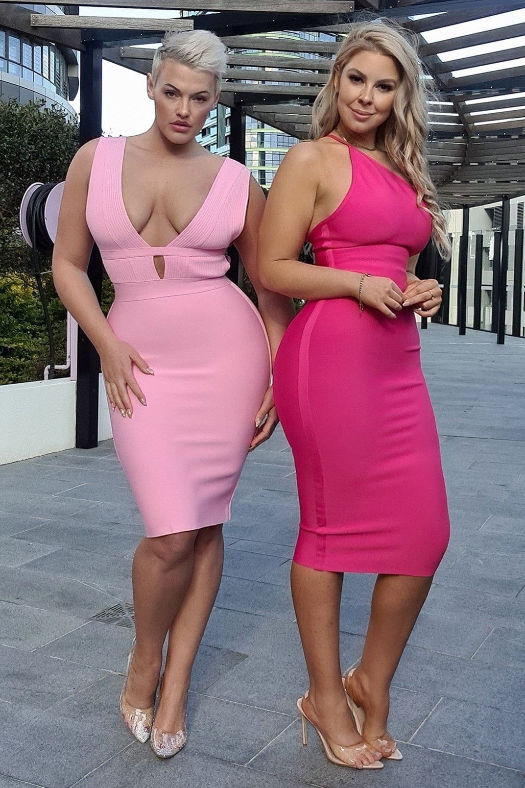 Blush Pink Bandage Deep V-Neck Ribbed Bodice Cut Out Midi Dress