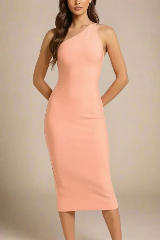 Peach One Shoulder Sleeveless Bodycon Midi Dress