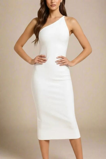Pearl White One Shoulder Sleeveless Bodycon Midi Dress