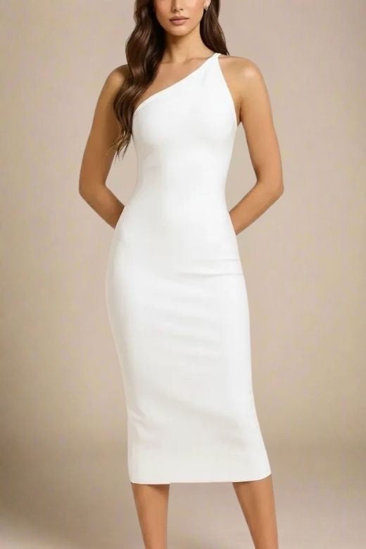 Pearl White One Shoulder Sleeveless Bodycon Midi Dress