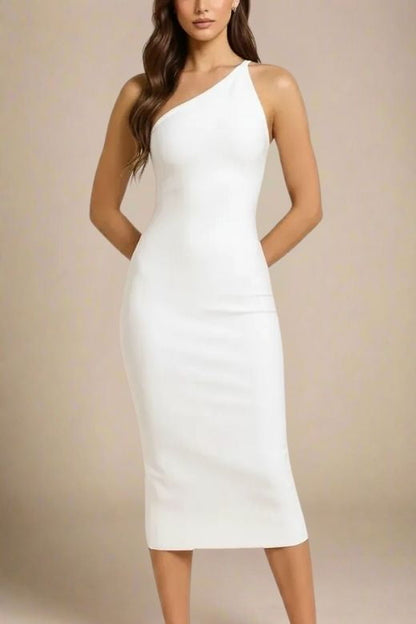 Pearl White One Shoulder Sleeveless Bodycon Midi Dress