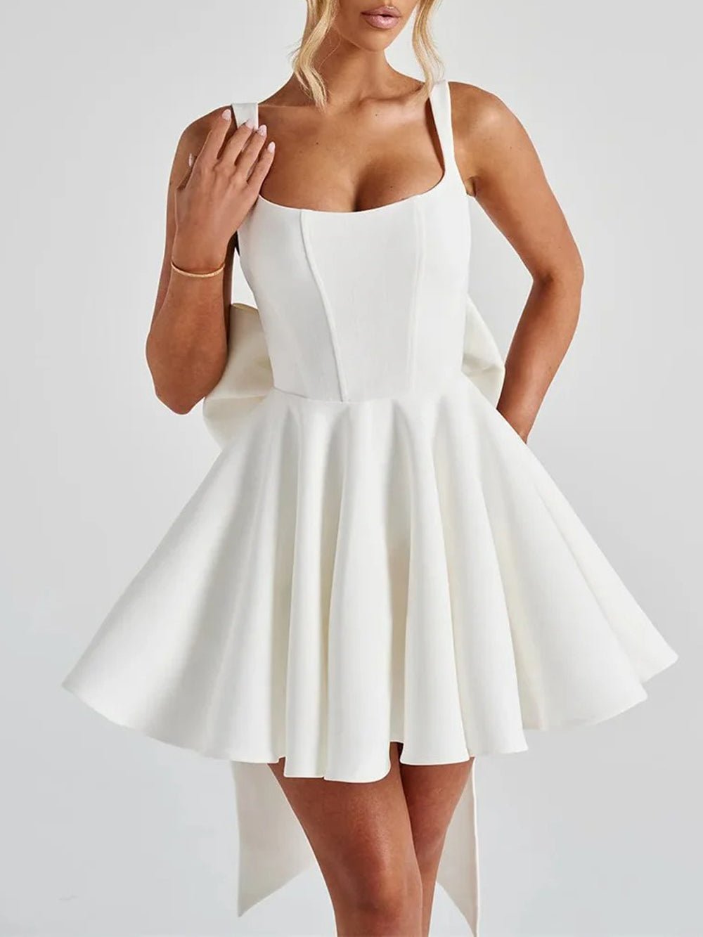 Square Neck Corset Bodice Bow Back Fit and Flare Mini Dress