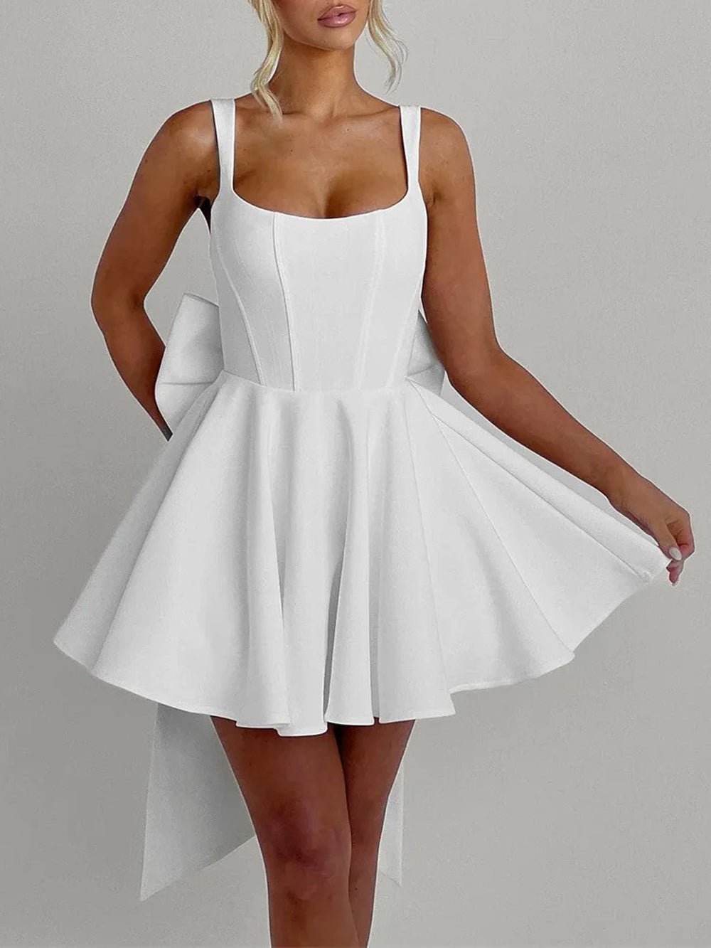 Square Neck Corset Bodice Bow Back Fit and Flare Mini Dress