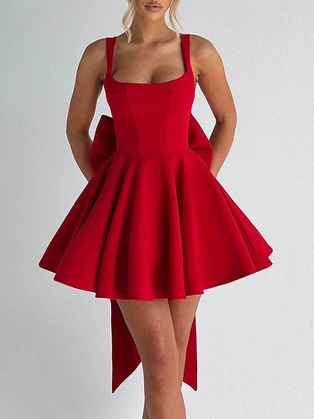 Square Neck Corset Bodice Bow Back Fit and Flare Mini Dress