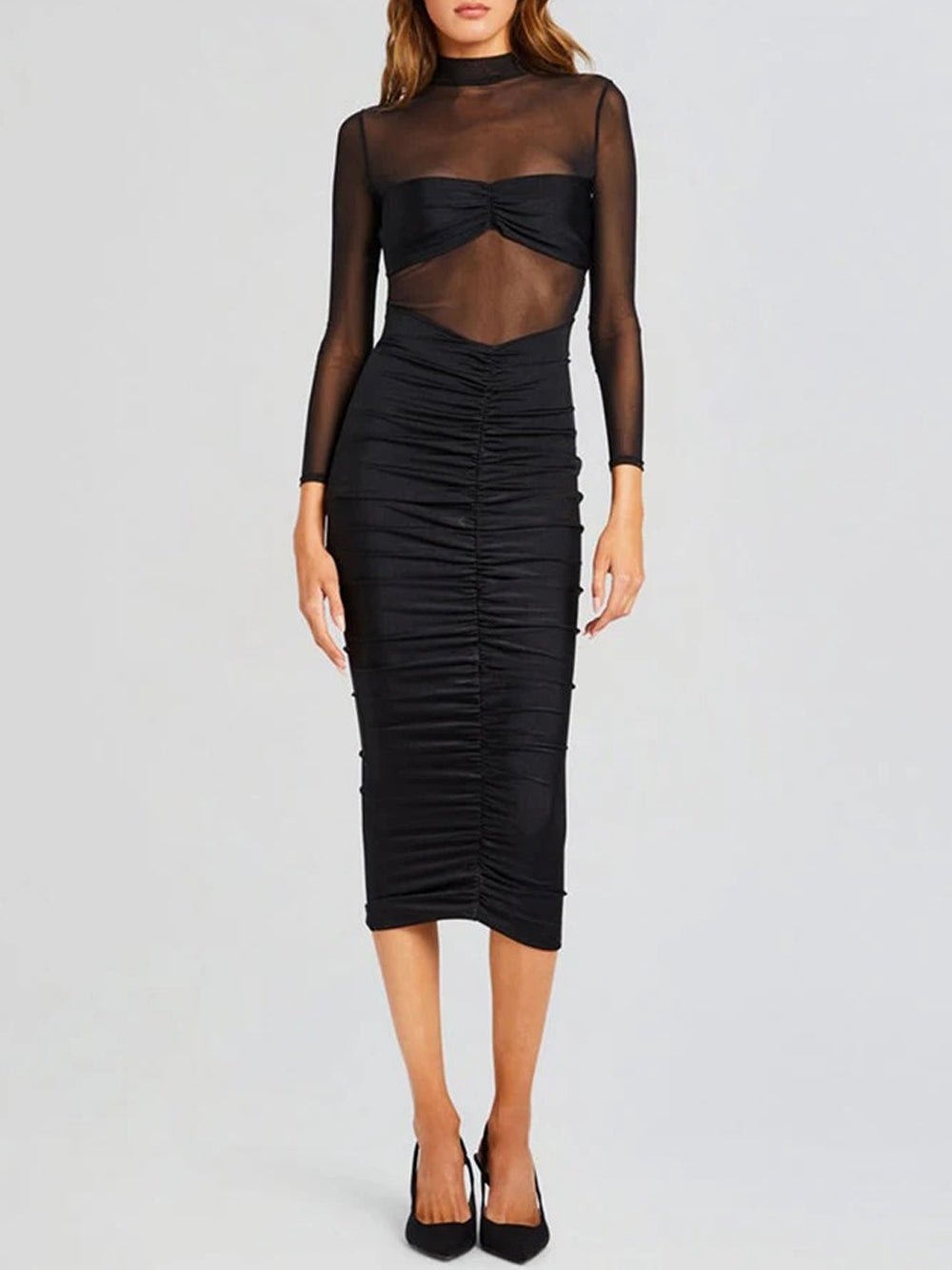 Black Mesh Mock Neck Long Sleeve Sweetheart Overlay Ruched Bodycon Midi Dress