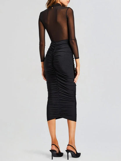 Black Mesh Mock Neck Long Sleeve Sweetheart Overlay Ruched Bodycon Midi Dress