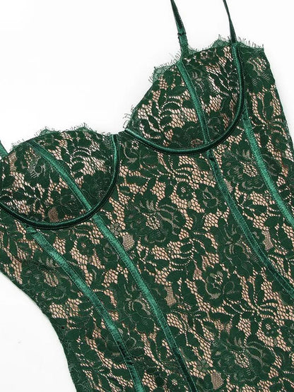 Green Lace Spaghetti Strap Corset Sweetheart Scalloped Hem Bodycon Midi Dress