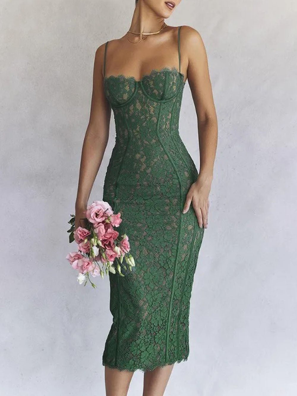 Green Lace Spaghetti Strap Corset Sweetheart Scalloped Hem Bodycon Midi Dress
