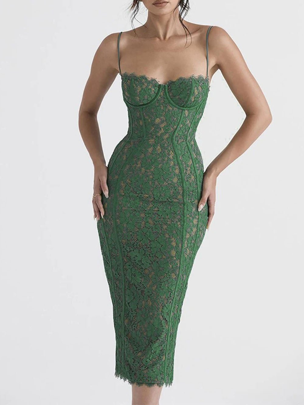 Green Lace Spaghetti Strap Corset Sweetheart Scalloped Hem Bodycon Midi Dress