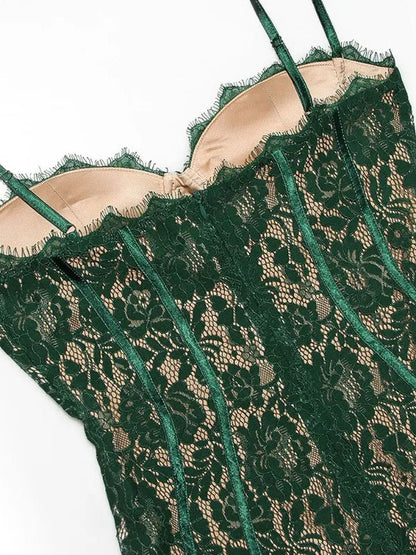Green Lace Spaghetti Strap Corset Sweetheart Scalloped Hem Bodycon Midi Dress