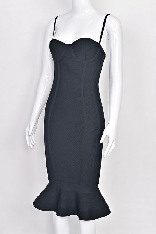 Classic Black Bandage Spaghetti Strap Sweetheart Bustier Mermaid Hem Midi Dress