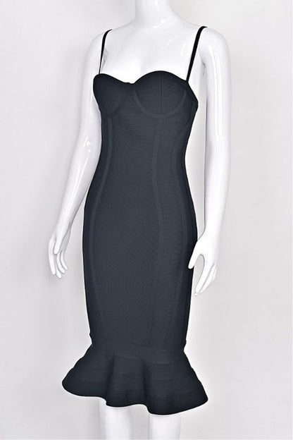 Classic Black Bandage Spaghetti Strap Sweetheart Bustier Mermaid Hem Midi Dress