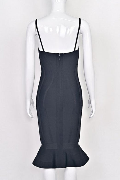 Classic Black Bandage Spaghetti Strap Sweetheart Bustier Mermaid Hem Midi Dress