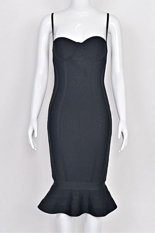 Classic Black Bandage Spaghetti Strap Sweetheart Bustier Mermaid Hem Midi Dress