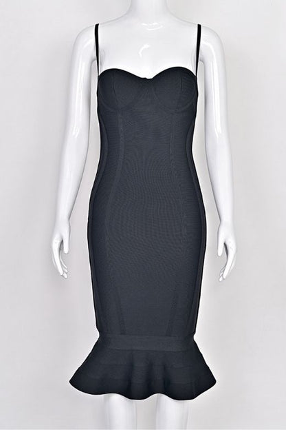 Classic Black Bandage Spaghetti Strap Sweetheart Bustier Mermaid Hem Midi Dress