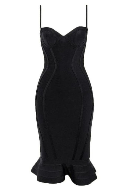 Classic Black Bandage Spaghetti Strap Sweetheart Bustier Mermaid Hem Midi Dress