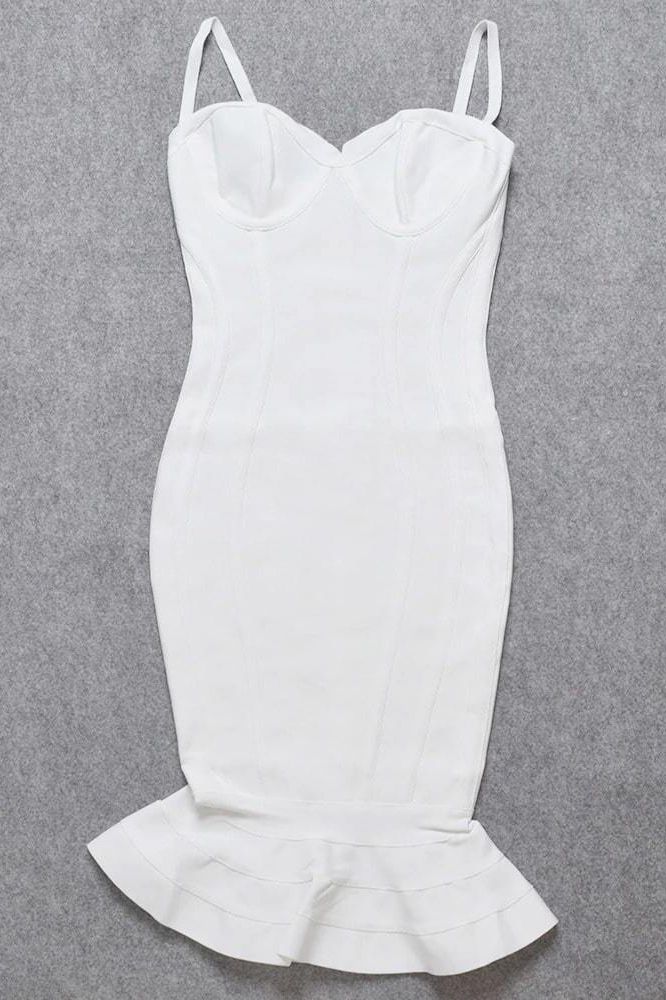 Pearl White Sweetheart Spaghetti Strap Bustier Mermaid Flounce Bandage Midi Dress