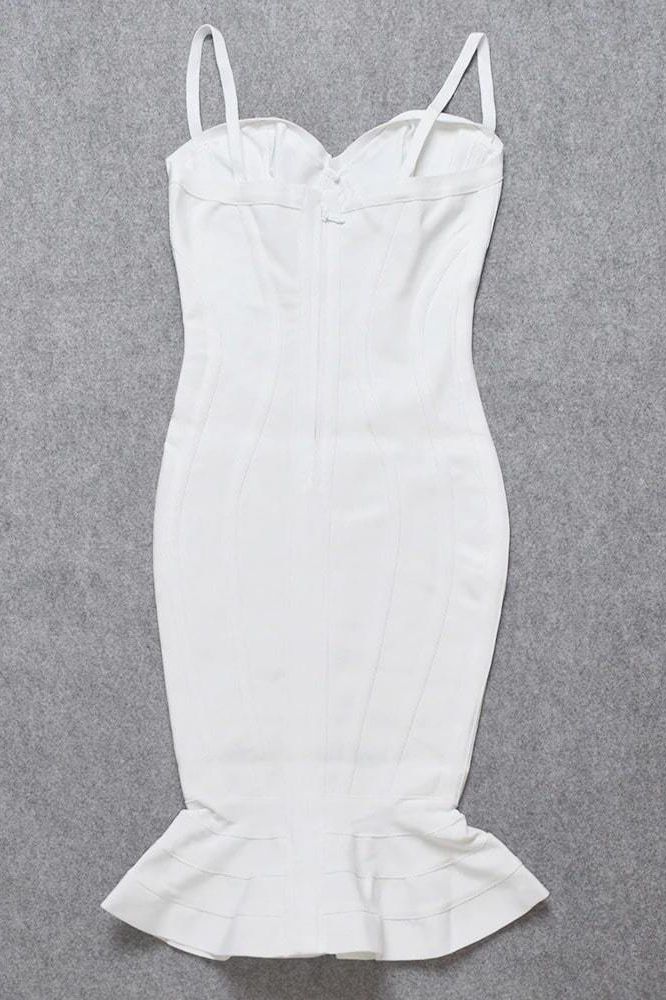 Pearl White Sweetheart Spaghetti Strap Bustier Mermaid Flounce Bandage Midi Dress