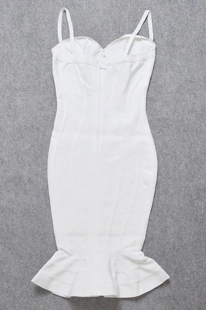 Pearl White Sweetheart Bustier Bandage Bodycon Flounce Hem Midi Dress