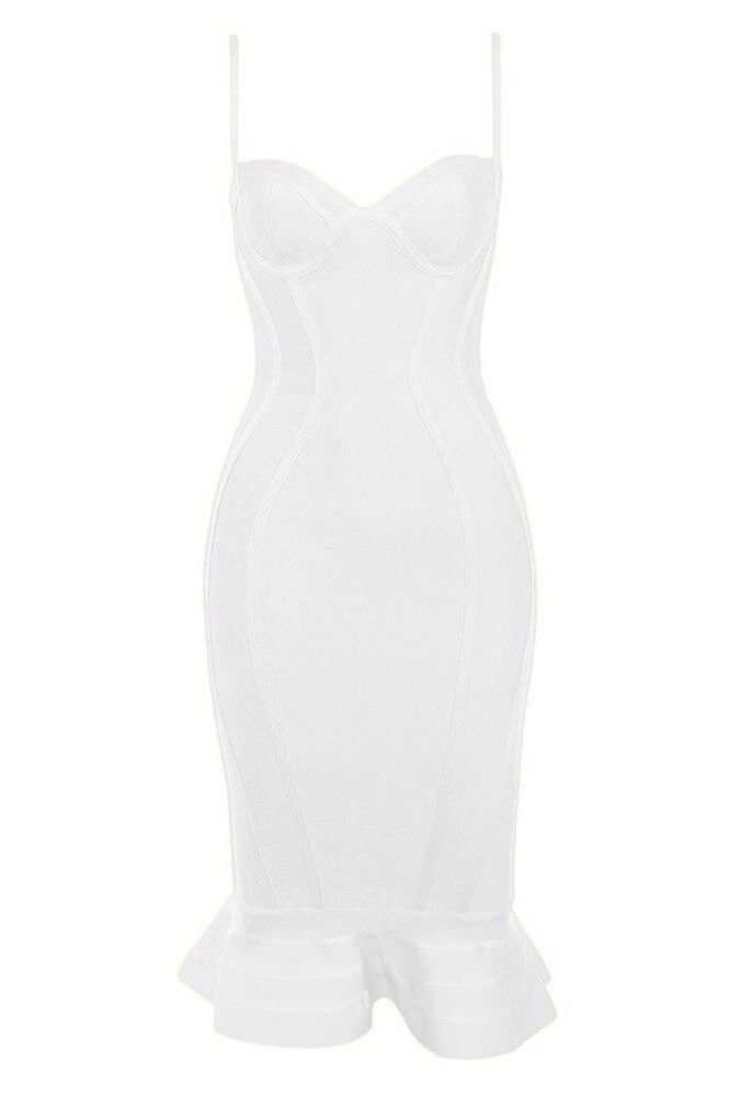 Pearl White Sweetheart Spaghetti Strap Bustier Mermaid Flounce Bandage Midi Dress