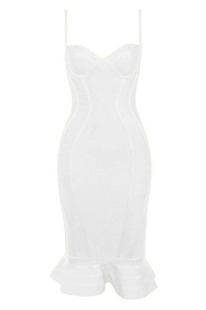 Pearl White Sweetheart Spaghetti Strap Bustier Mermaid Flounce Bandage Midi Dress