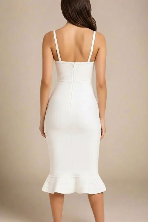 Pearl White Sweetheart Spaghetti Strap Bustier Mermaid Flounce Bandage Midi Dress