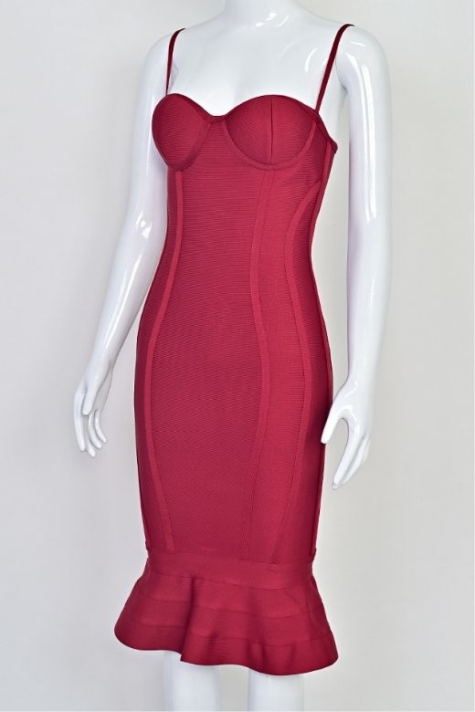 Red Wine Bandage Spaghetti Strap Sweetheart Bustier Mermaid Hem Midi Dress