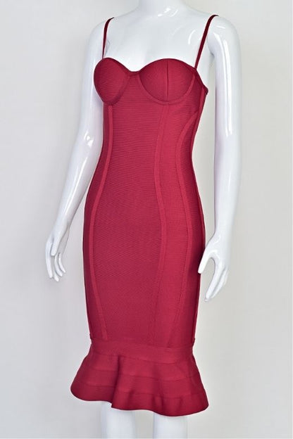 Red Wine Bandage Spaghetti Strap Sweetheart Bustier Mermaid Hem Midi Dress