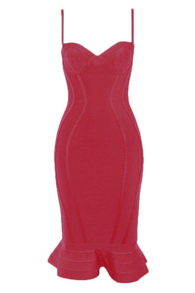 Red Wine Bandage Spaghetti Strap Sweetheart Bustier Mermaid Hem Midi Dress