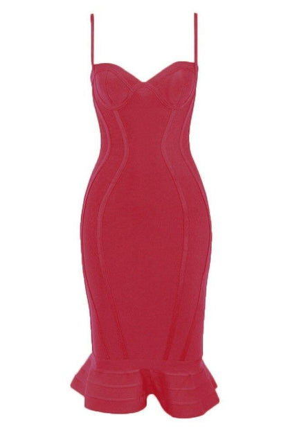 Red Wine Bandage Spaghetti Strap Sweetheart Bustier Mermaid Hem Midi Dress