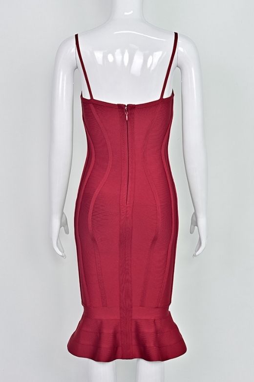 Red Wine Bandage Spaghetti Strap Sweetheart Bustier Mermaid Hem Midi Dress