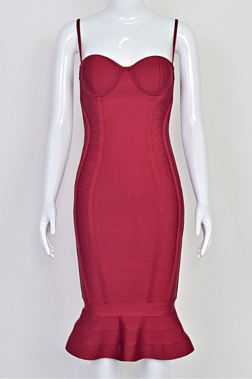 Red Wine Bandage Spaghetti Strap Sweetheart Bustier Mermaid Hem Midi Dress