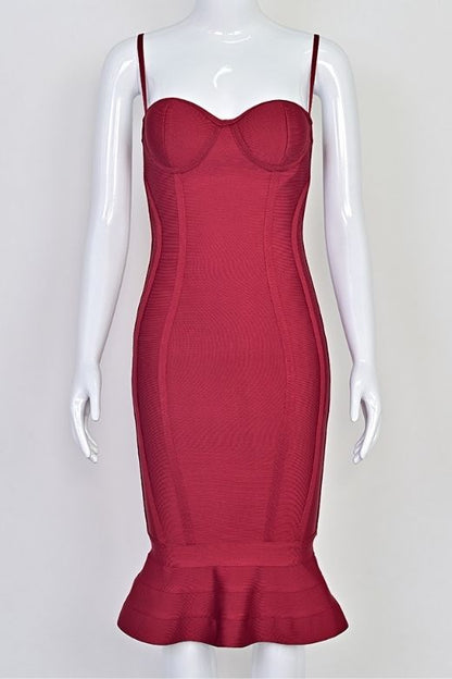 Red Wine Bandage Spaghetti Strap Sweetheart Bustier Mermaid Hem Midi Dress