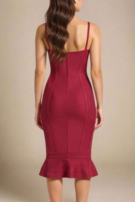 Red Wine Bandage Spaghetti Strap Sweetheart Bustier Mermaid Hem Midi Dress