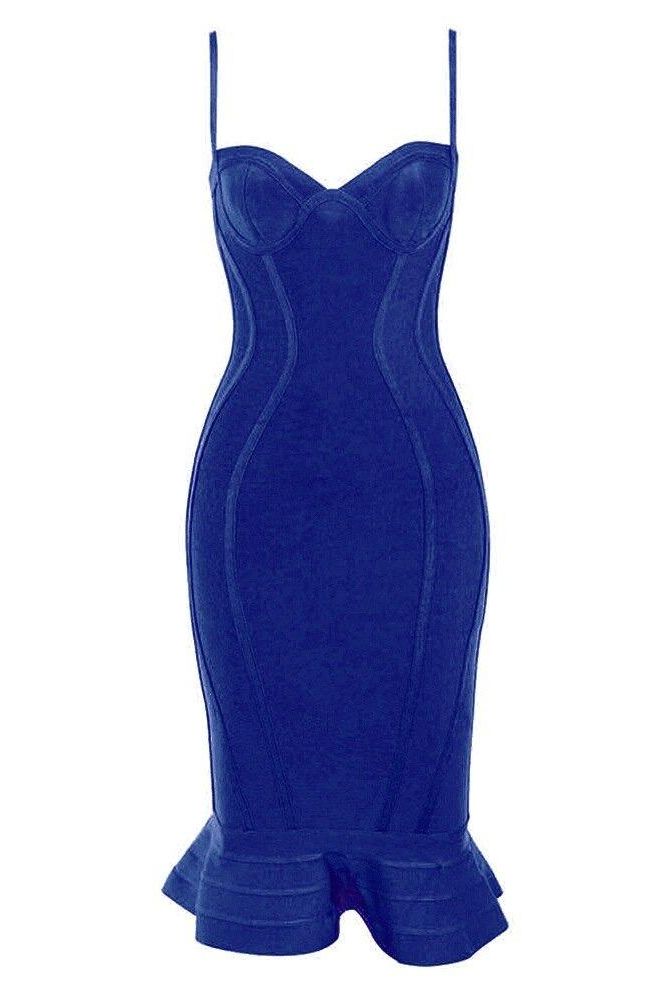 Royal Blue Bandage Spaghetti Strap Sweetheart Bustier Mermaid Hem Midi Dress