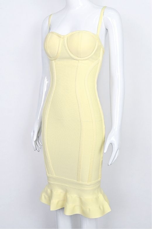 Sun Yellow Bandage Spaghetti Strap Sweetheart Bustier Mermaid Hem Midi Dress
