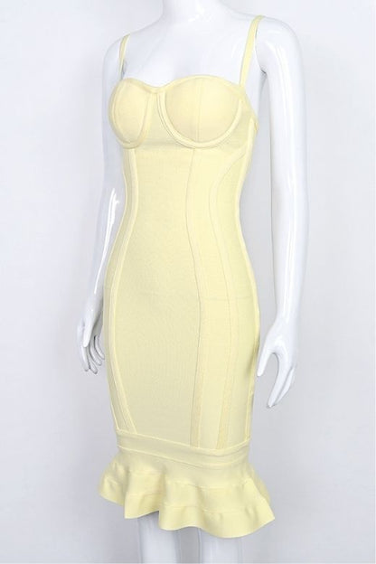 Sun Yellow Bandage Spaghetti Strap Sweetheart Bustier Mermaid Hem Midi Dress