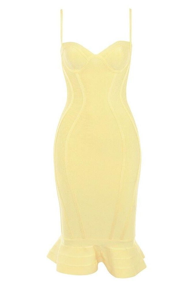 Sun Yellow Bandage Spaghetti Strap Sweetheart Bustier Mermaid Hem Midi Dress