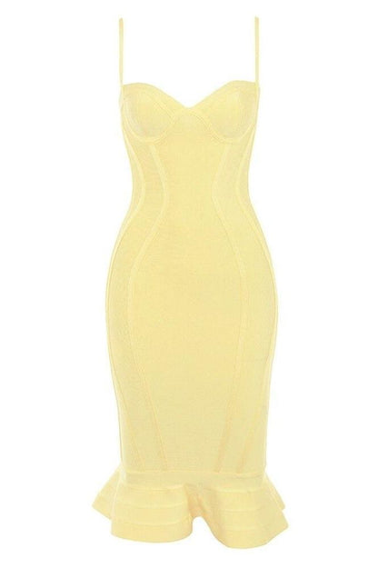 Sun Yellow Bandage Spaghetti Strap Sweetheart Bustier Mermaid Hem Midi Dress
