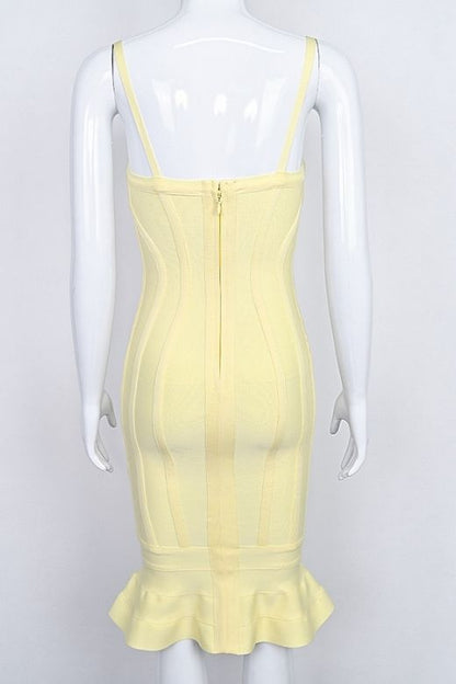 Sun Yellow Bandage Spaghetti Strap Sweetheart Bustier Mermaid Hem Midi Dress