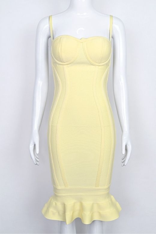 Sun Yellow Bandage Spaghetti Strap Sweetheart Bustier Mermaid Hem Midi Dress